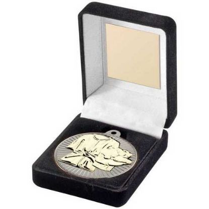 Picture of Black Velvet Box And 50mm Martial Arts Medal Trophy Matt Silver~gold