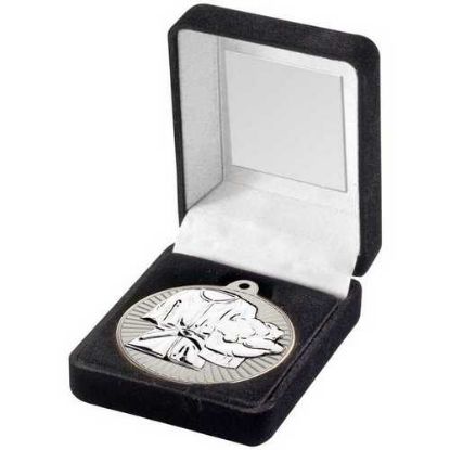 Picture of Black Velvet Box And 50mm Martial Arts Medal Trophy Matt Silver~silver