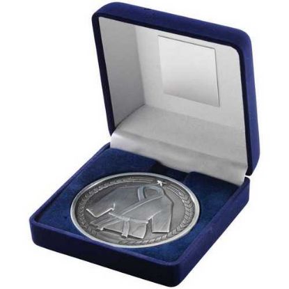 Picture of Blue Velvet Box And 70mm Medallion Martial Arts Trophy Antique Silver