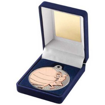 Picture of Blue Velvet Box And 50mm Netball Medal Trophy Matt Silver~bronze