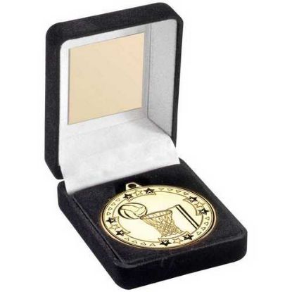 Picture of Black Velvet Medal Box And 50mm Medal Netball Trophy Gold