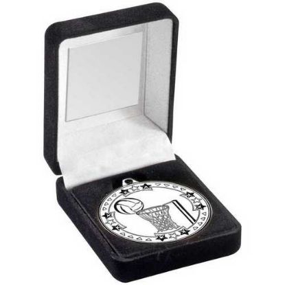 Picture of Black Velvet Medal Box And 50mm Medal Netball Trophy Silver