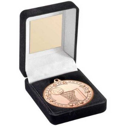 Picture of Black Velvet Medal Box And 50mm Medal Netball Trophy Bronze