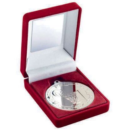 Picture of Red Velvet Box And 50mm Medal Netball Trophy Silver