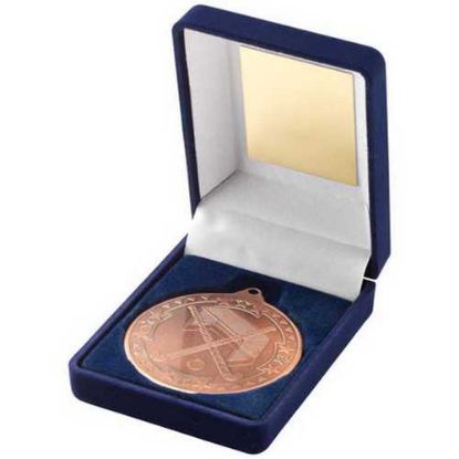 Picture of Blue Velvet Box And 50mm Medal Hockey Trophy Bronze