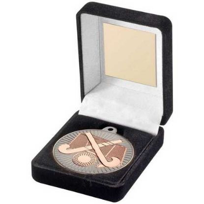 Picture of Black Velvet Box And 50mm Hockey Medal Trophy Matt Silver~bronze