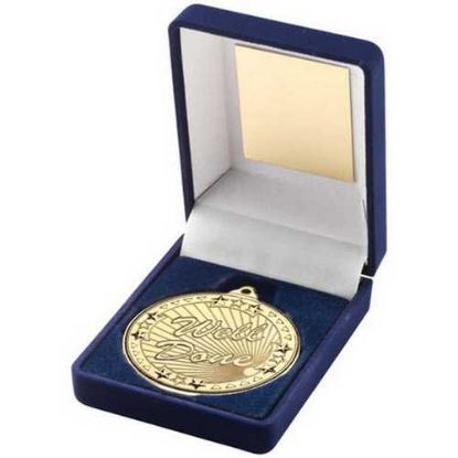 Picture of Blue Velvet Box And 50mm Gold Medal Well Done Trophy