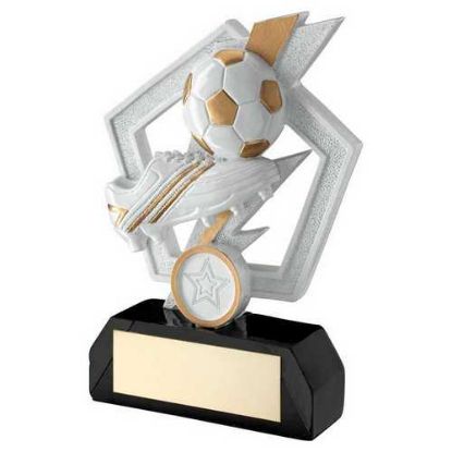 Picture of White~gold~blk Football And Boot On Flash Pentagon With Plate (1in Cen)