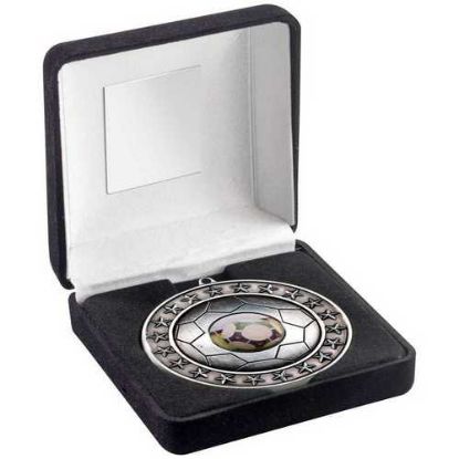 Picture of Black Velvet Box And 70mm Football Medal Trophy (1in Centre) Ant Silver