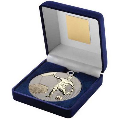 Picture of Blue Velvet Box And 70mm Football Medal Trophy Matt Silver~gold