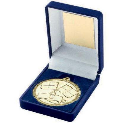 Picture of Blue Velvet Box And 50mm Medal Referee Trophy Gold