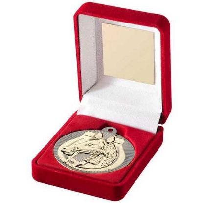 Picture of Red Velvet Box And 50mm Horse Medal Trophy Matt Silver~gold