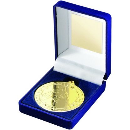 Picture of Blue Velvet Box And 50mm Medal Horse Trophy Gold