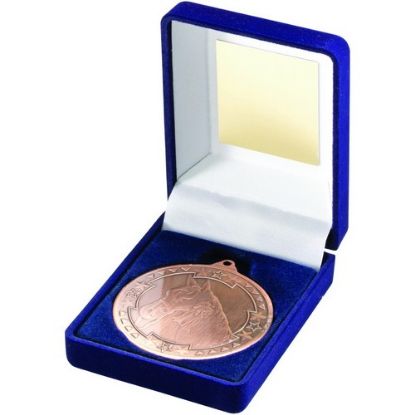 Picture of Blue Velvet Box And 50mm Medal Horse Trophy Bronze