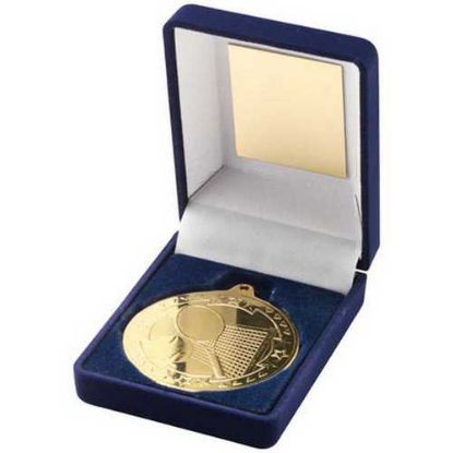 Picture of Blue Velvet Box And 50mm Medal Tennis Trophy Gold