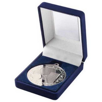 Picture of Blue Velvet Box And 50mm Medal Tennis Trophy Silver