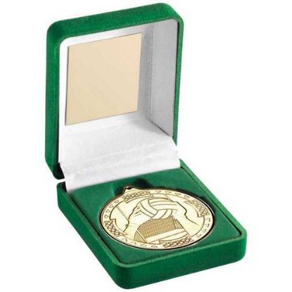 Picture of Green Velvet Box And 50mm Medal Gaelic Football Trophy Gold
