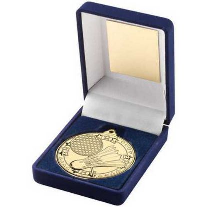 Picture of Blue Velvet Box And 50mm Medal Badminton Trophy Gold