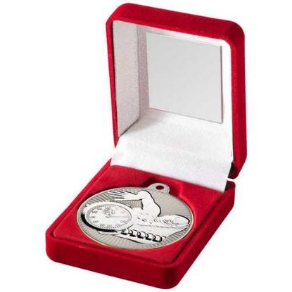 Picture of Red Velvet Box And 50mm Swimming Medal Trophy Matt Silver~silver