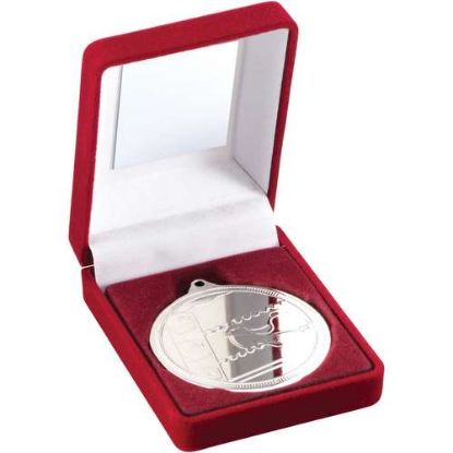 Picture of Red Velvet Box And 50mm Medal Swimming Trophy Silver