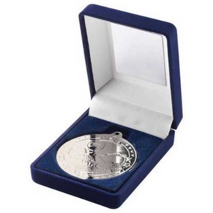 Picture of Blue Velvet Box And 50mm Medal Swimming Trophy Silver - 3.5in