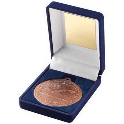 Picture of Blue Velvet Box And 50mm Medal Swimming Trophy Bronze - 3.5in