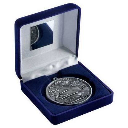 Picture of Blue Velvet Box And 60mm Medal Swimming Trophy Antique Silver