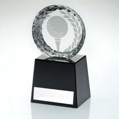 Picture of Clear Glass Golf Circle With Image On Black Plinth And Plate