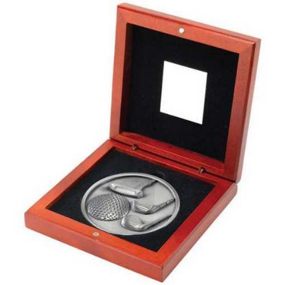 Picture of Rosewood Box And 70mm Medallion Golf Trophy Antique Silver