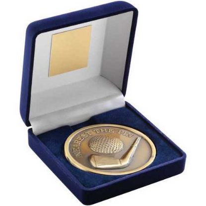 Picture of Blue Velvet Box And 70mm Medallion Golf Trophy Antique Gold Nearest The Pin