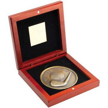 Picture of Rosewood Box And 70mm Medallion Golf Trophy Antique Gold Nearest The Pin