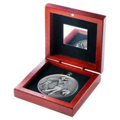 Picture of Rosewood Box And 60mm Medal Golf Trophy Antique Silver
