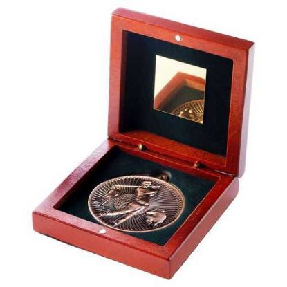 Picture of Rosewood Box And 60mm Medal Golf Trophy Bronze