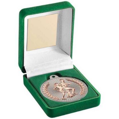 Picture of Green Velvet Box And 50mm Running Medal Trophy Matt Silver~bronze