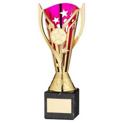 Picture of Gold|purple Plastic Flash Cup On Blk Marble Assembled Trophy (1" Cen) - 8in