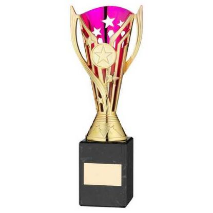 Picture of Gold|purple Plastic Flash Cup On Blk Marble Assembled Trophy (1" Cen) - 9in