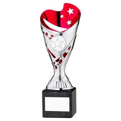 Picture of Silver|pink Plastic Sabre Cup On Blk Marble Assembled Trophy (1" Cen) - 8in