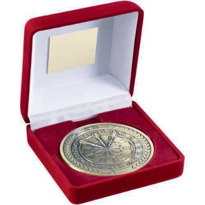 Picture of Red Velvet Box And 70mm Medallion Darts Trophy Antique Gold