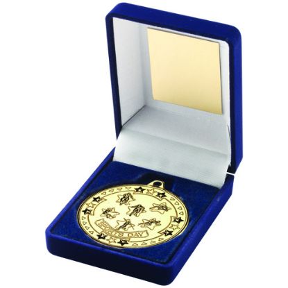 Picture of Blue Velvet Box And 50mm Sports Day Medal Trophy Gold