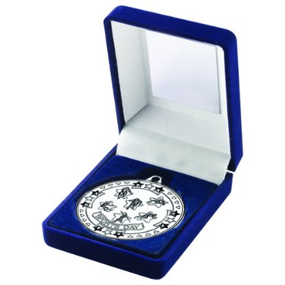 Picture of Blue Velvet Box And 50mm Sports Day Medal Trophy Silver