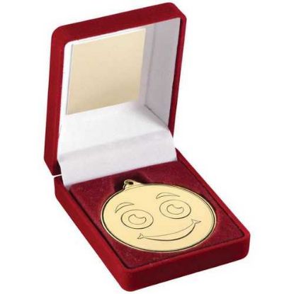 Picture of Red Velvet Box And Gold 50mm Medal Smiley Face Trophy