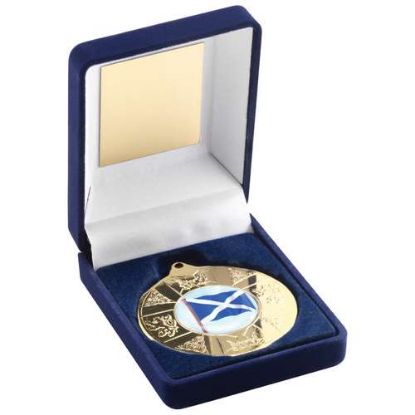 Picture of Blue Velvet Box And 50mm Medal Scotland Trophy (1in Centre) Gold