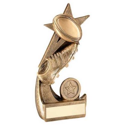 Picture of Brz~gold Rugby Ball And Boot On Shooting Star With Plate (1in Centre)