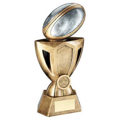 Picture of Brz~pew~gold Rugby Ball On Cup Riser With Plate (1in Centre)
