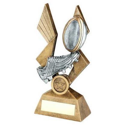 Picture of Brz~pew~gold Rugby Ball And Boot On Pointed Backdrop With Plate (1in Cen)