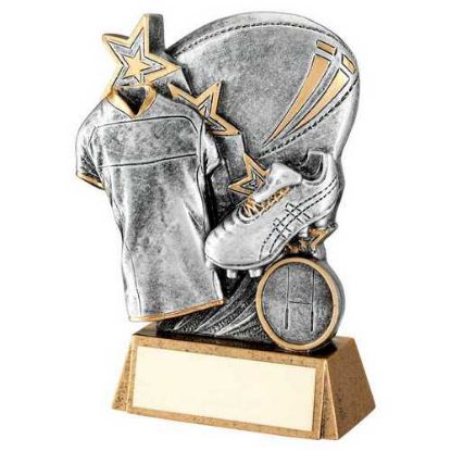 Picture of Pew~gold Rugby Ball With Boot~shirt On Brz Base With Plate (1in Cen)