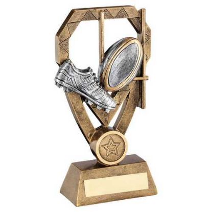 Picture of Brz~pew~gold Rugby Boot And Ball & Posts On Diamond With Plate (1in Cen)