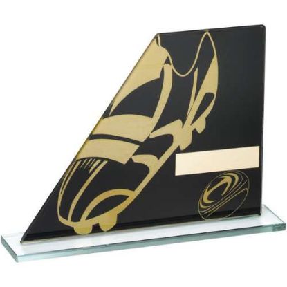 Picture of Black~gold Printed Glass Plaque With Rugby Boot~ball With Plate