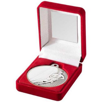 Picture of Red Velvet Box And 50mm Rugby Medal Trophy Matt Silver~silver 3.5in
