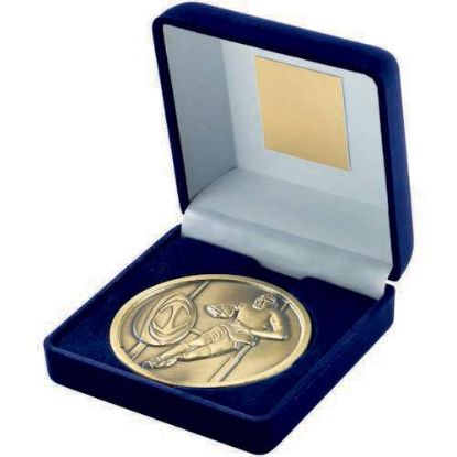 Picture of Blue Velvet Box And 70mm Medallion Rugby Trophy Antique Gold